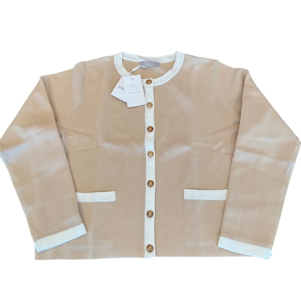 Hobemty Womens Tan White Contrast Knit Cardigan Sweater Gold Button Jacket L